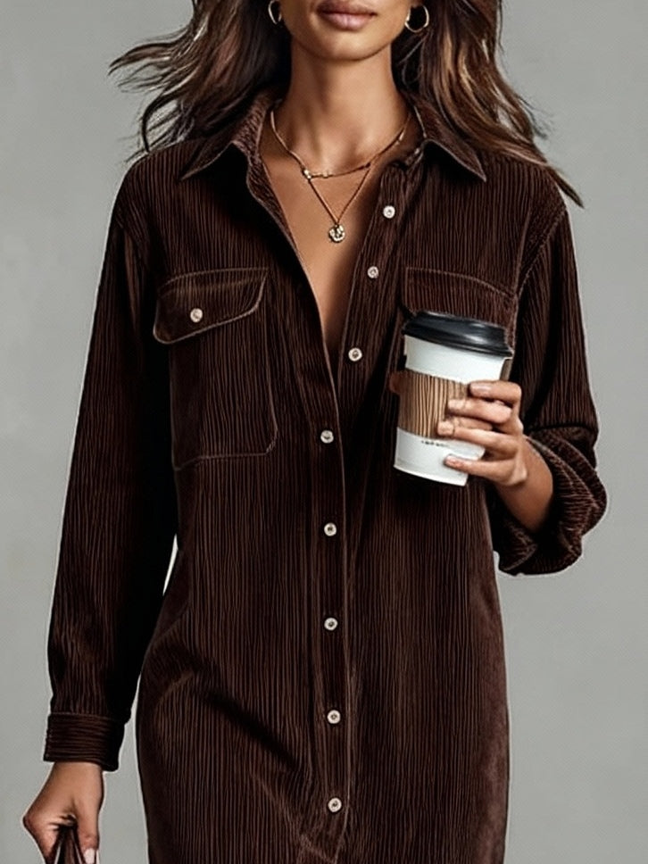 Marielle | Women's Loose-Fit Corduroy Midi Dress with Chest Pockets