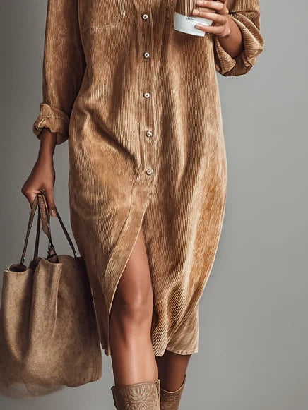 Marielle | Women's Loose-Fit Corduroy Midi Dress with Chest Pockets