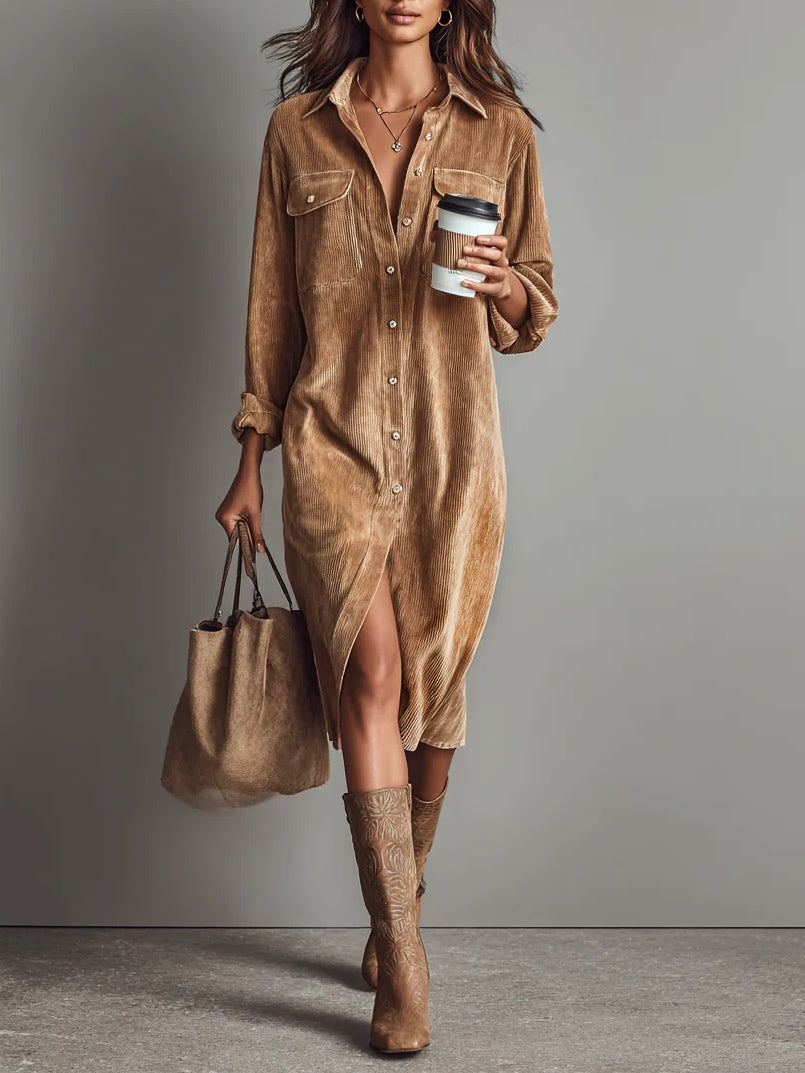Marielle | Women's Loose-Fit Corduroy Midi Dress with Chest Pockets