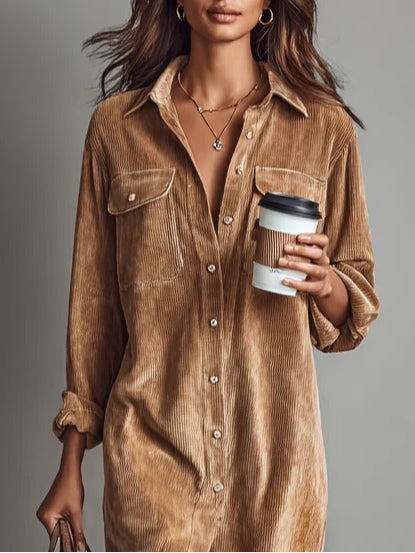 Marielle | Women's Loose-Fit Corduroy Midi Dress with Chest Pockets
