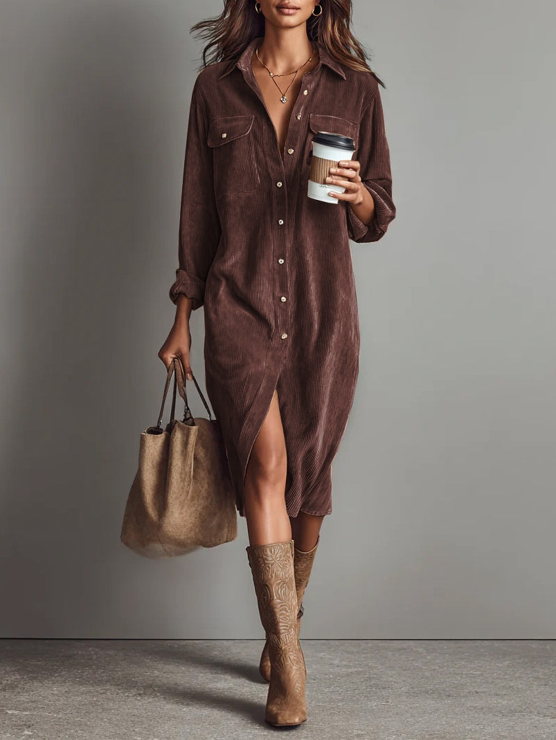 Marielle | Women's Loose-Fit Corduroy Midi Dress with Chest Pockets