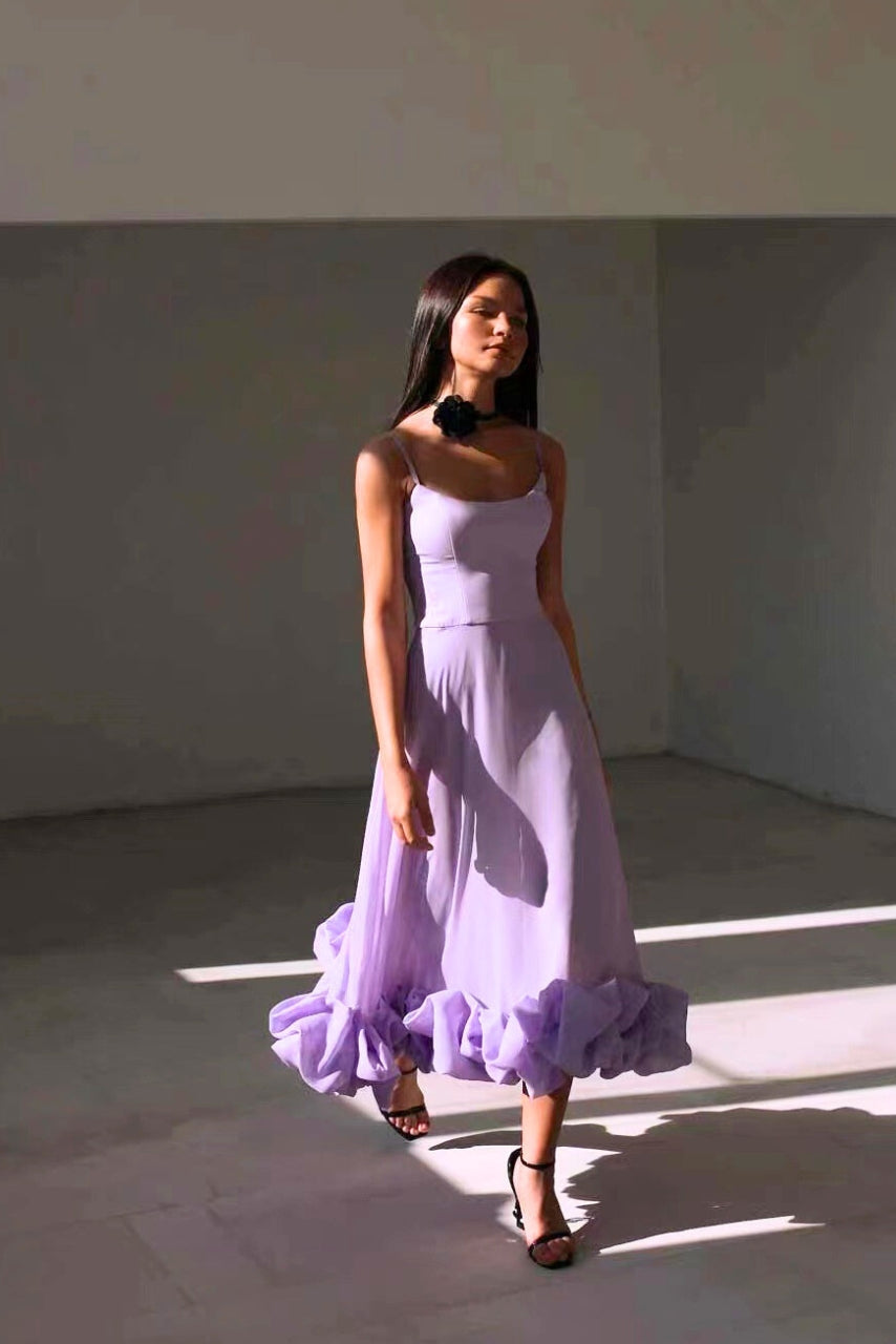 Amorette | Spaghetti Strap Ruffle Hem Midi Dress