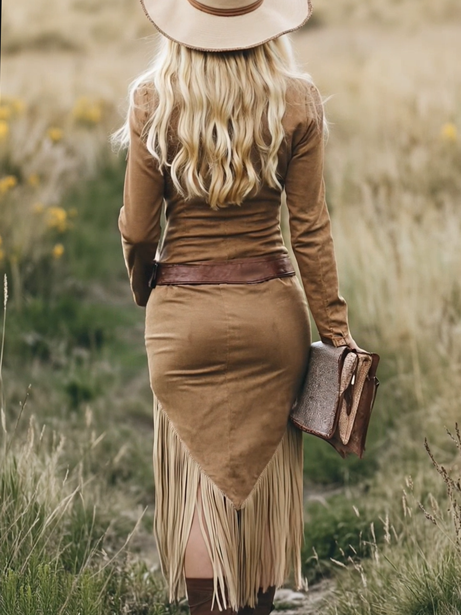 Dakota | Women's Western Lapel Zip-Front Tasseled Midi Dress