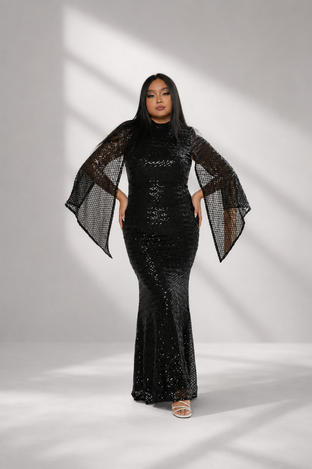 Seraphina | Women's High Neck Sequin Bell Sleeve Mermaid Maxi Dress
