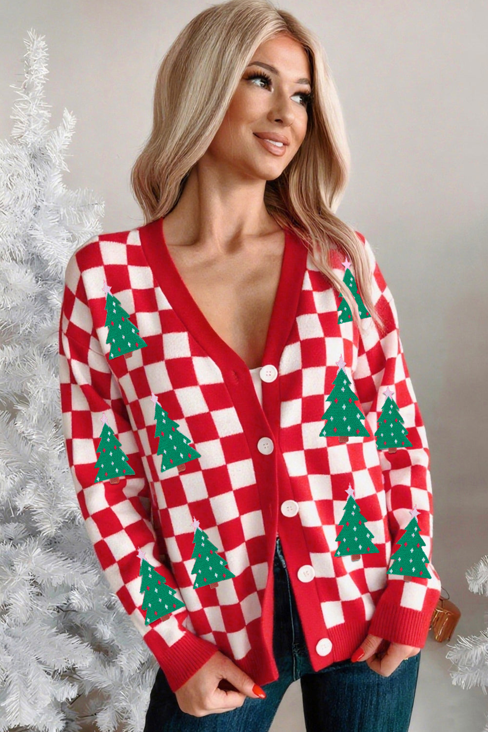 Noelle | Women's Checkered Christmas Tree Button V-Neck Cardigan