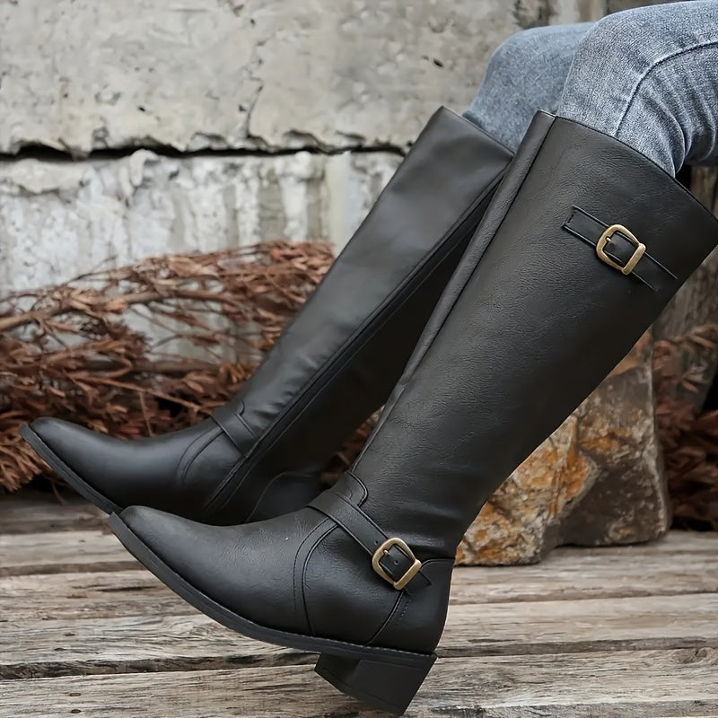 Calixta | Women's Knee High Leather-Look Buckle Boots