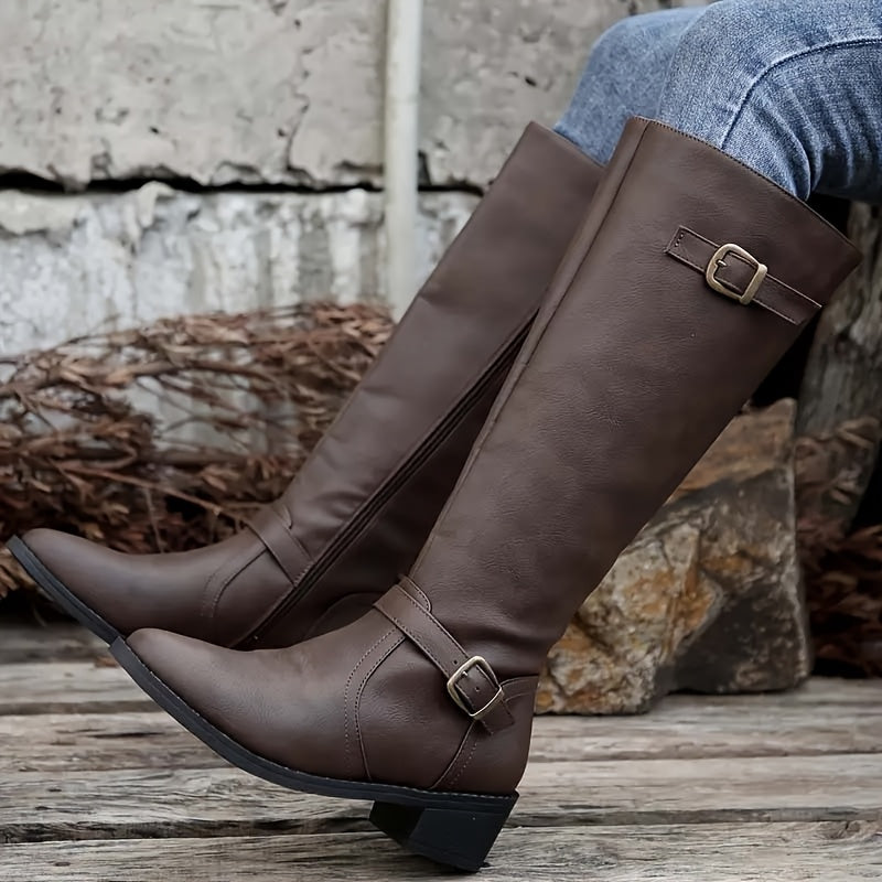 Calixta | Women's Knee High Leather-Look Buckle Boots
