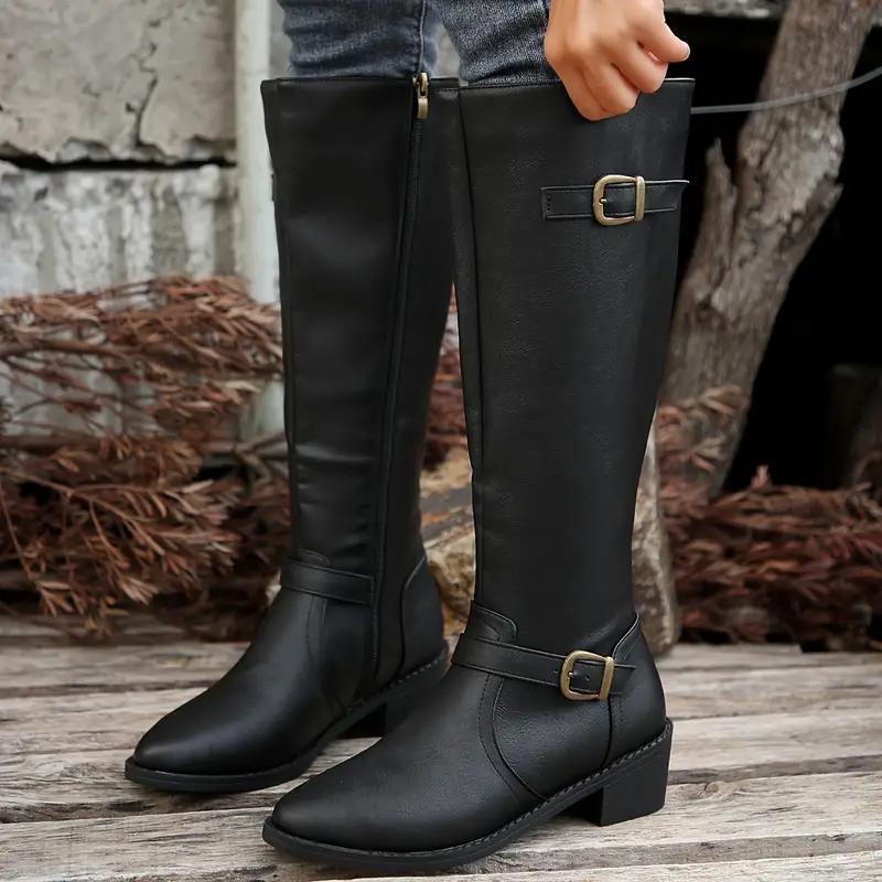 Calixta | Women's Knee High Leather-Look Buckle Boots