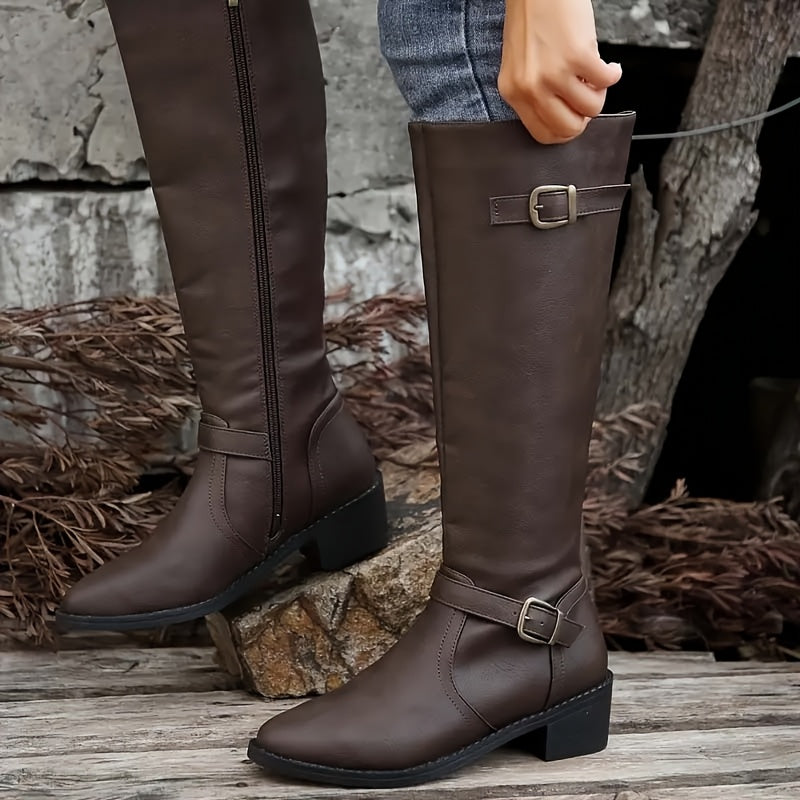 Calixta | Women's Knee High Leather-Look Buckle Boots
