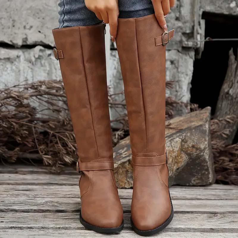 Calixta | Women's Knee High Leather-Look Buckle Boots