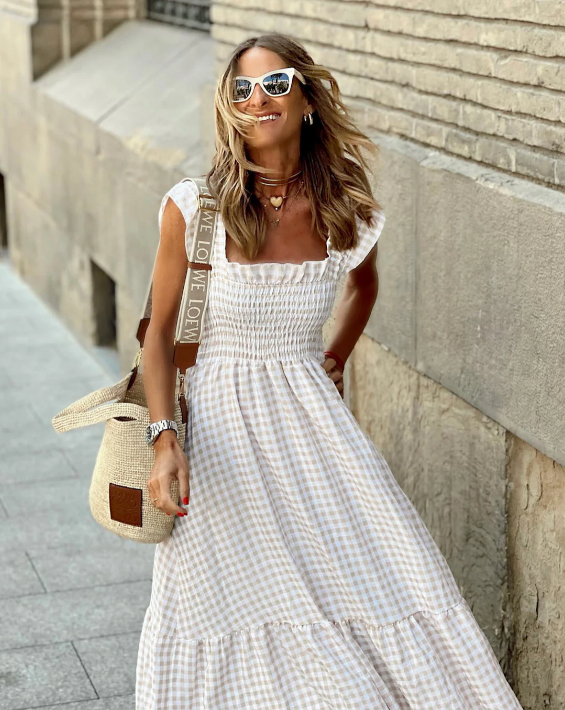 Briona | Women's Gingham Smocked Square Neck Maxi Dress