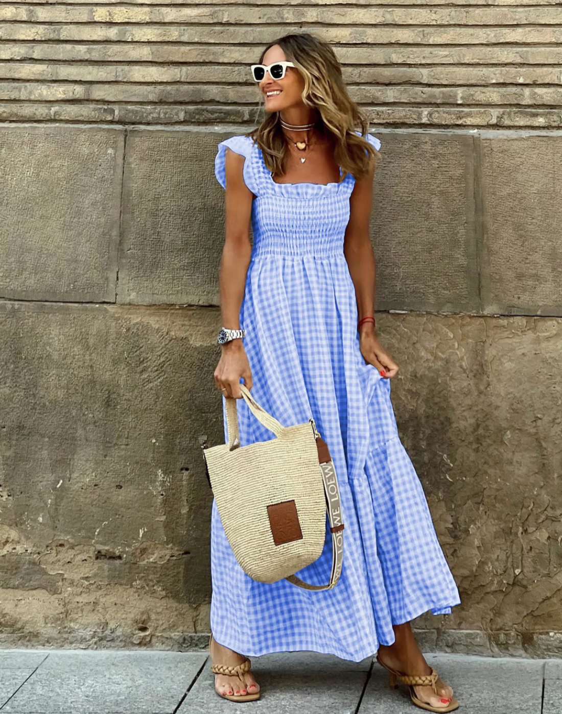 Briona | Women's Gingham Smocked Square Neck Maxi Dress