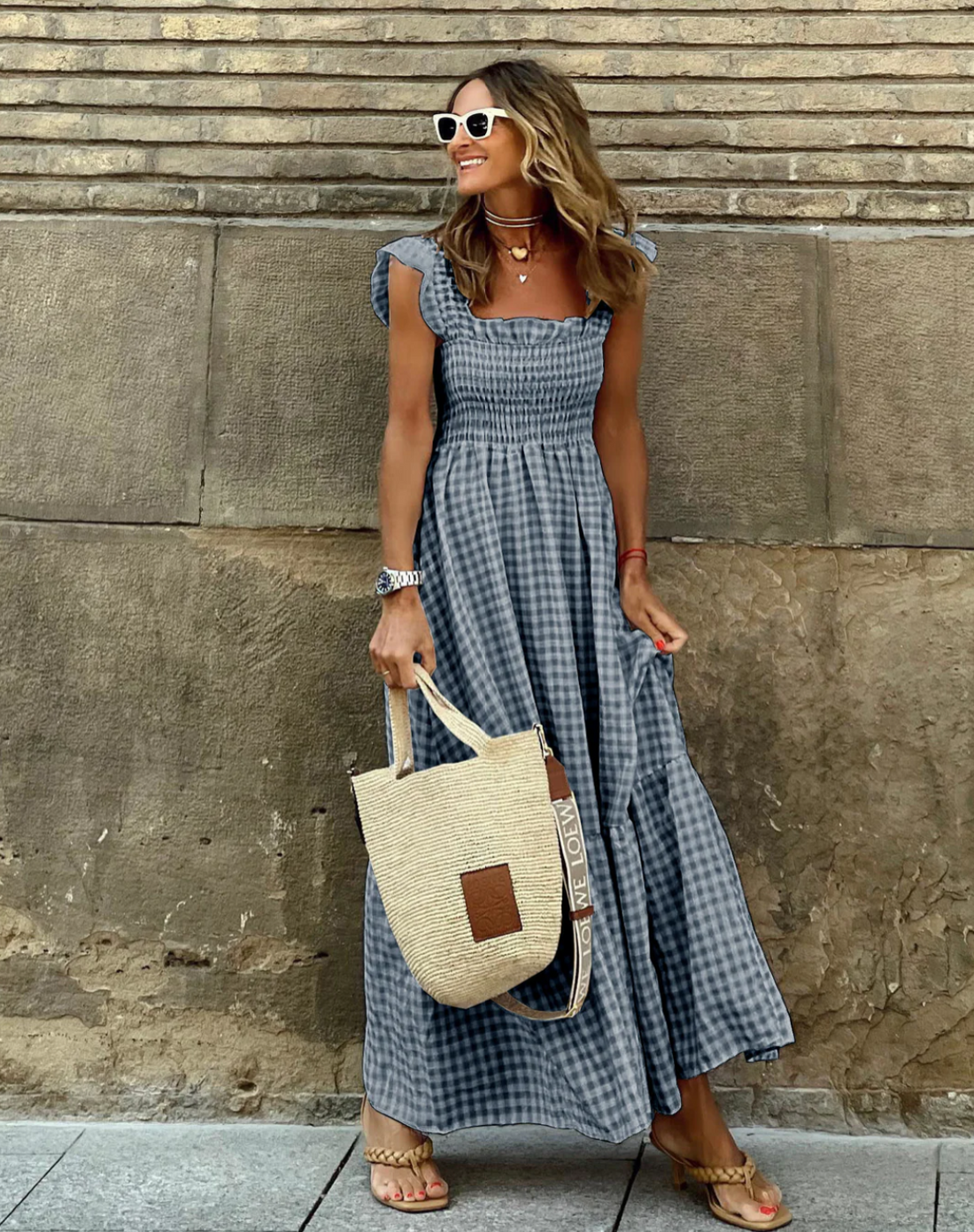 Briona | Women's Gingham Smocked Square Neck Maxi Dress