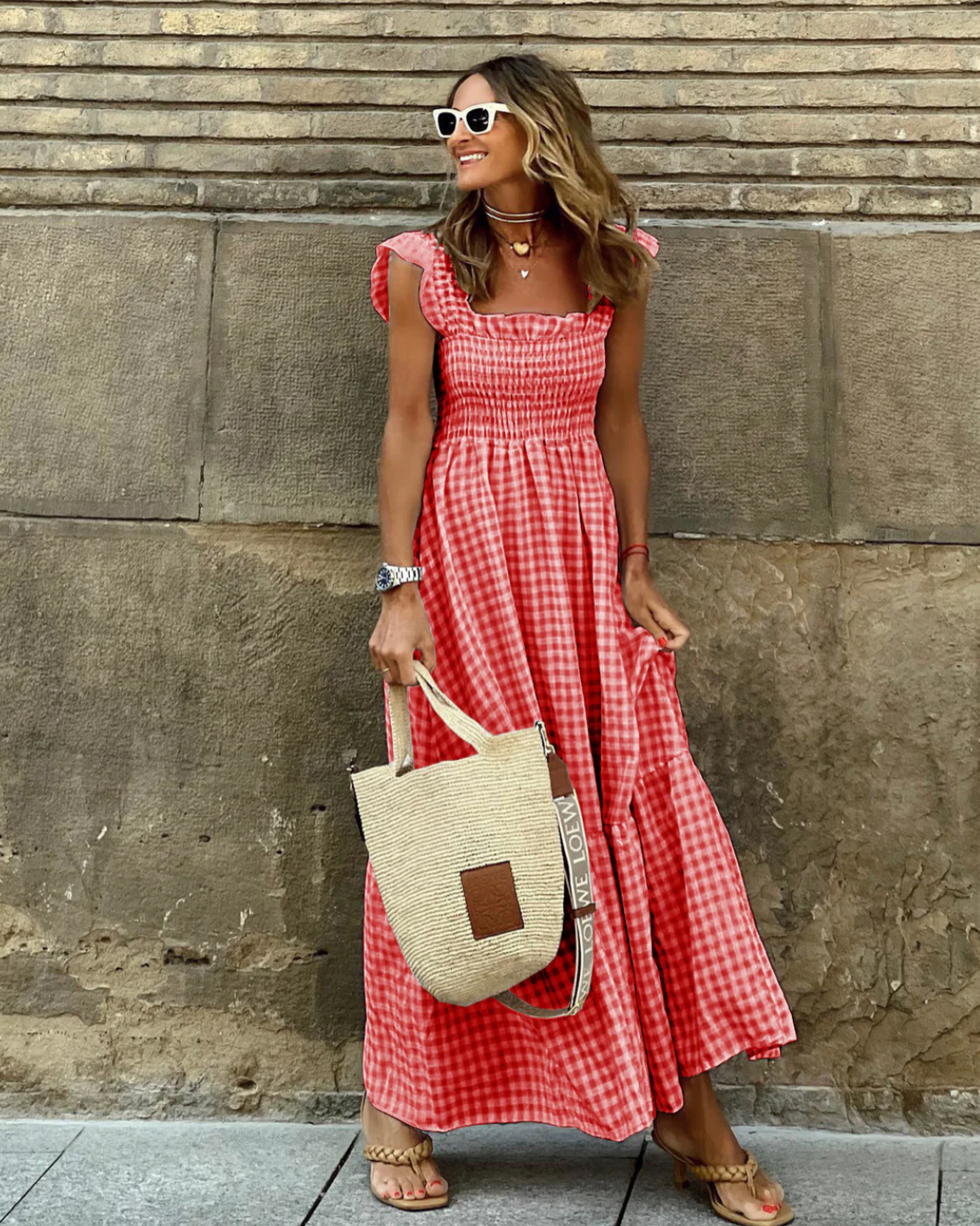Briona | Women's Gingham Smocked Square Neck Maxi Dress