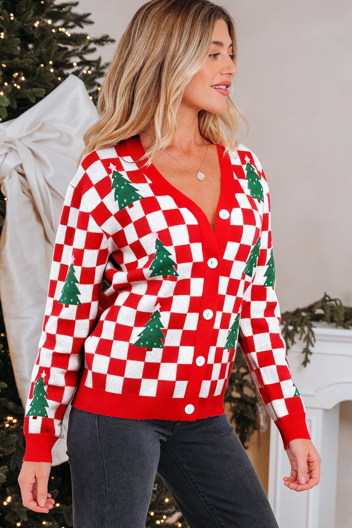 Noelle | Women's Checkered Christmas Tree Button V-Neck Cardigan
