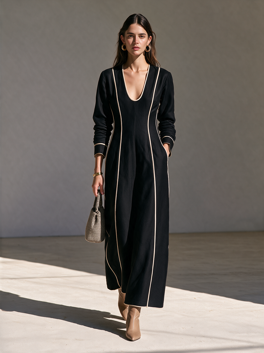 Adeline | Women's Deep U-Neck Belted Maxi Dress