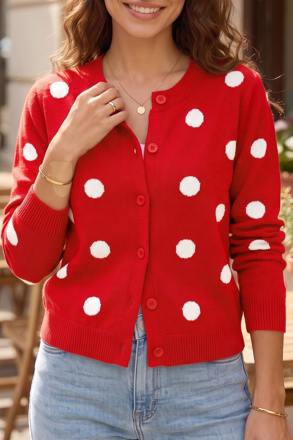 Marigold | Women's Polka Dot Button-Front Long Sleeve Cardigan
