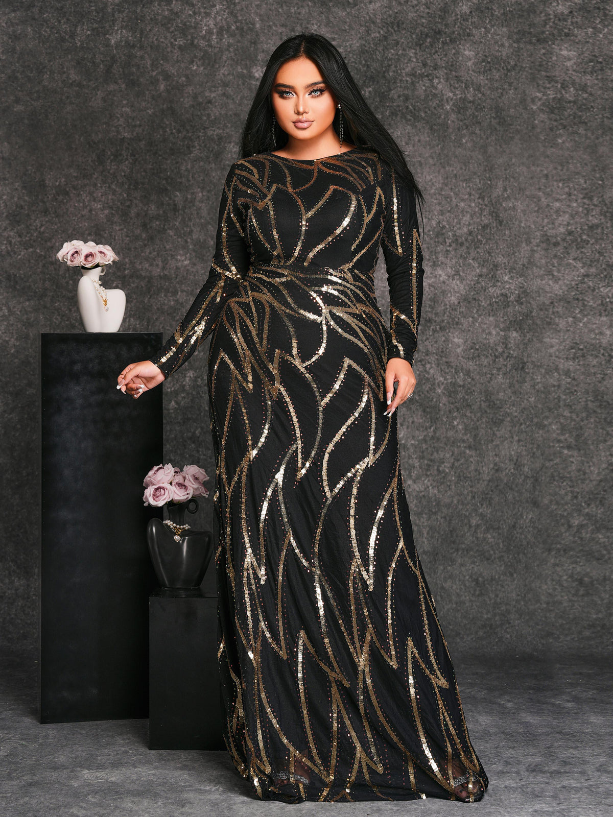 Seraphina | Women's Plus Size Long Sleeve Sequin A-Line Maxi Dress