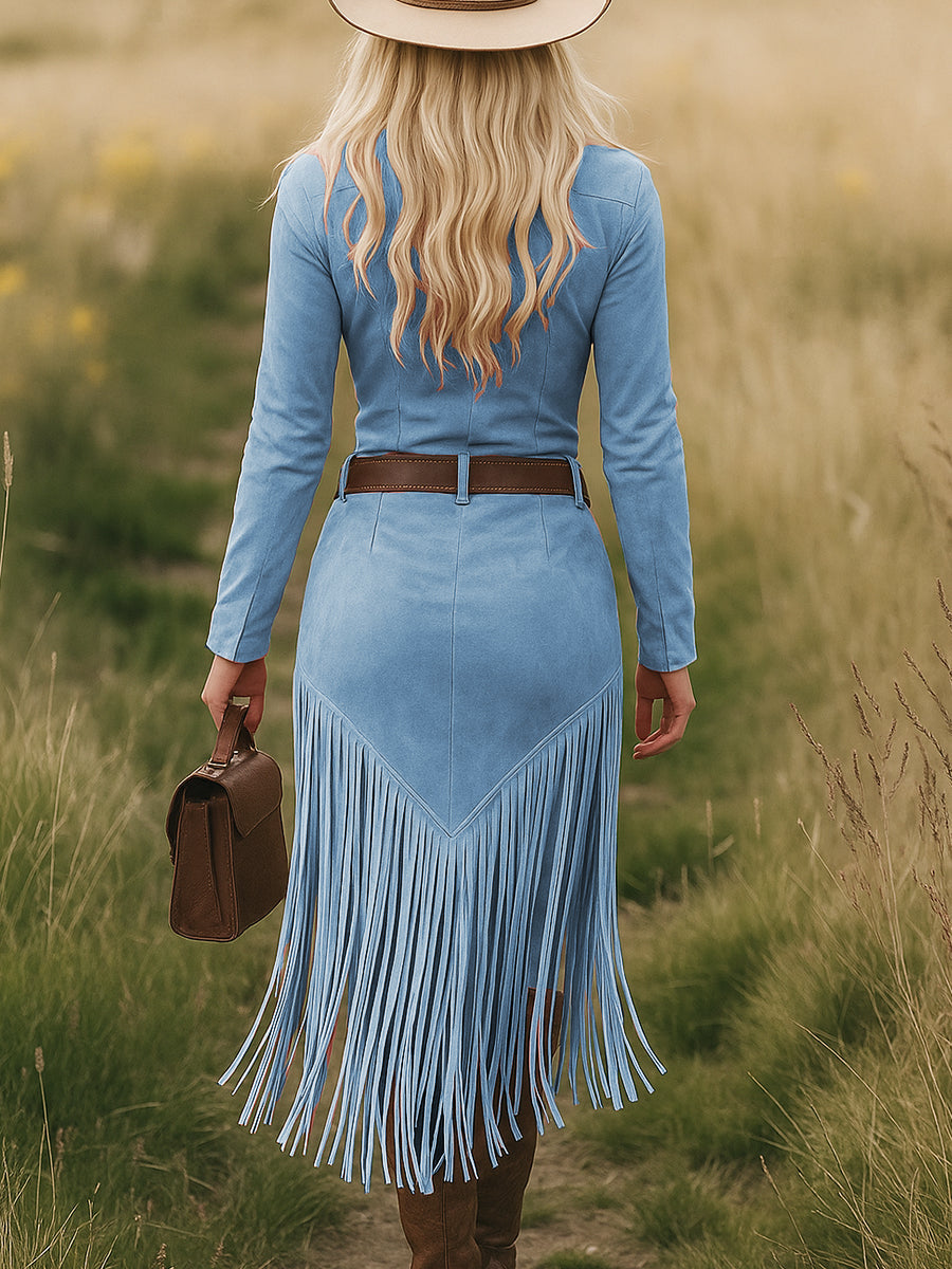 Dakota | Women's Western Lapel Zip-Front Tasseled Midi Dress