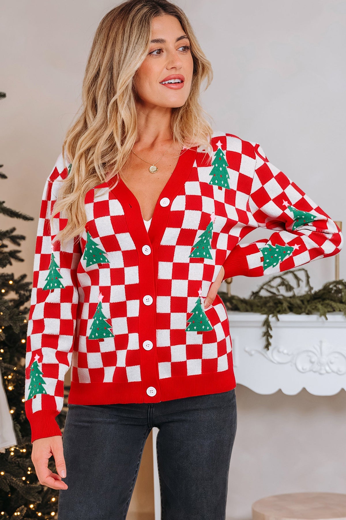 Noelle | Women's Checkered Christmas Tree Button V-Neck Cardigan