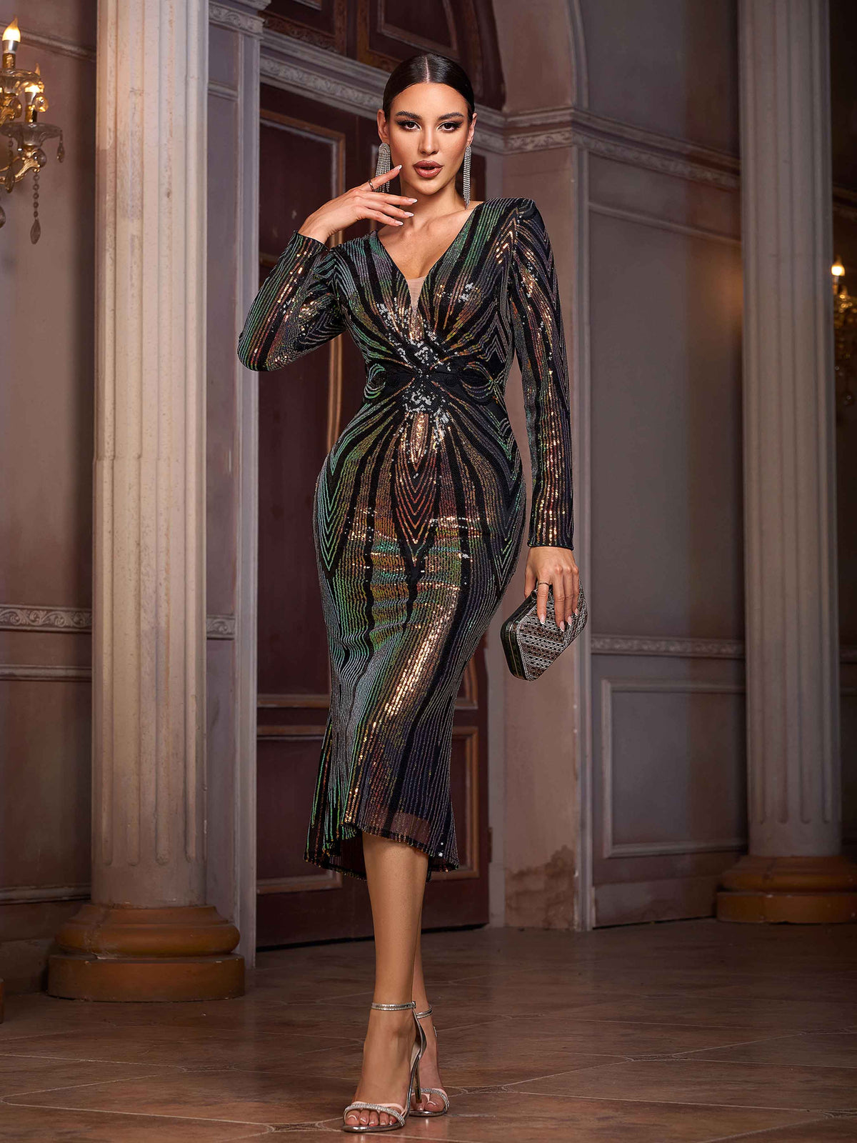 Sienna | Women's Plunging V-Neck Sequin Bodycon Midi Dress