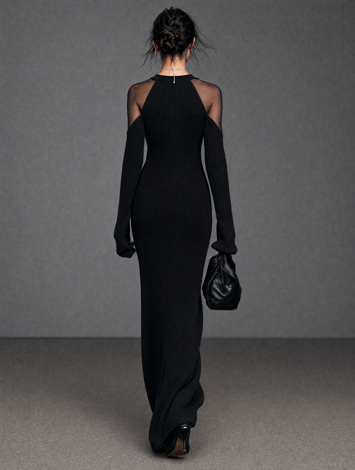 Elowen | Women's Long-Sleeve Organza-Panel Knit Maxi Dress