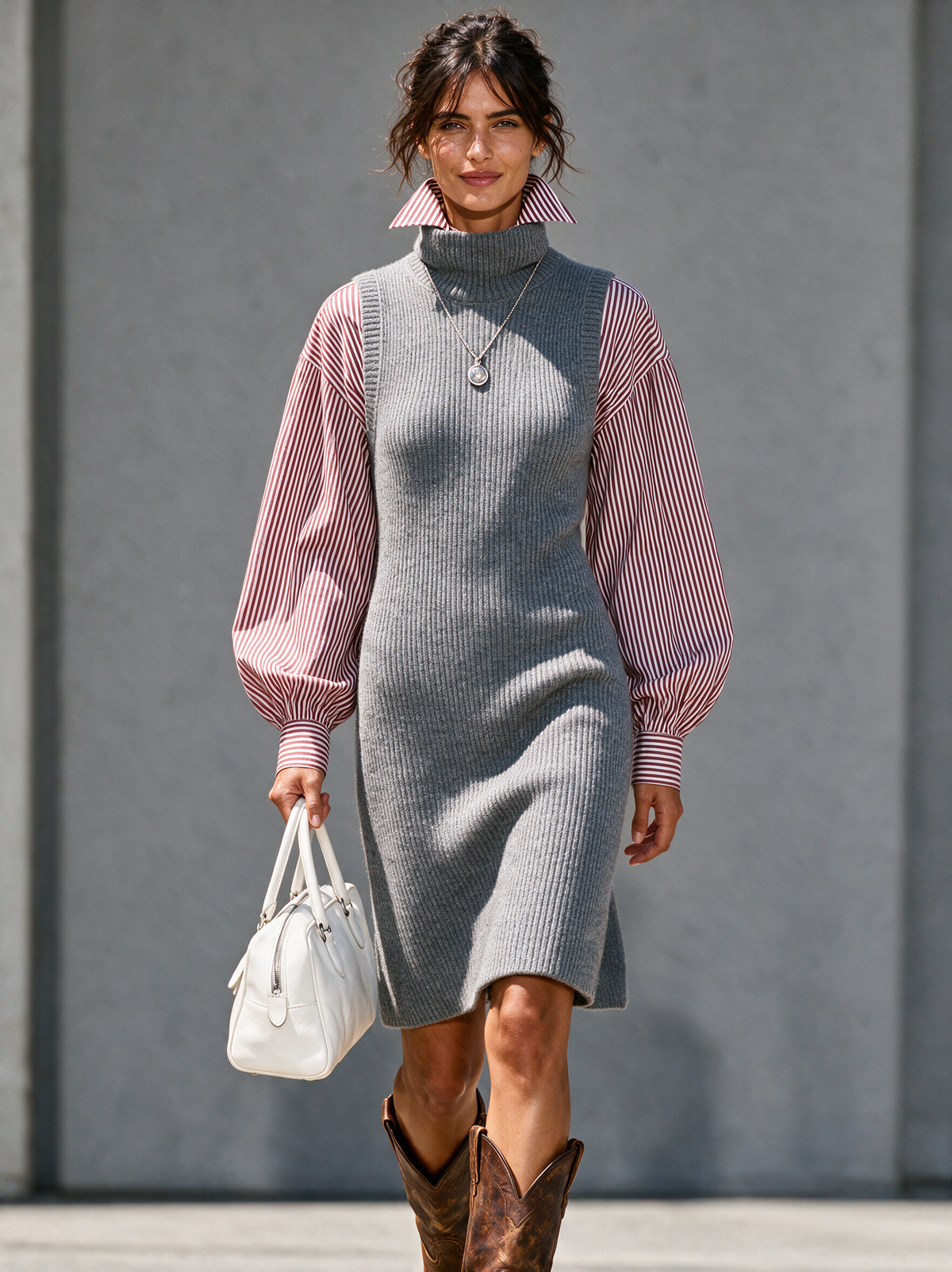 Marielle | Women's Retro Mock-Neck Sweater Dress & Striped Shirt Set