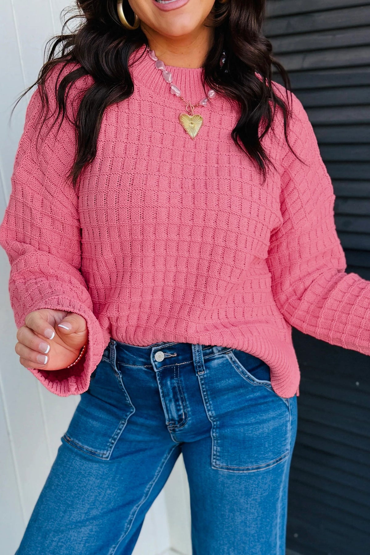 Peyton | Women's Waffle Knit Round-Neck Sweater with Side Slits