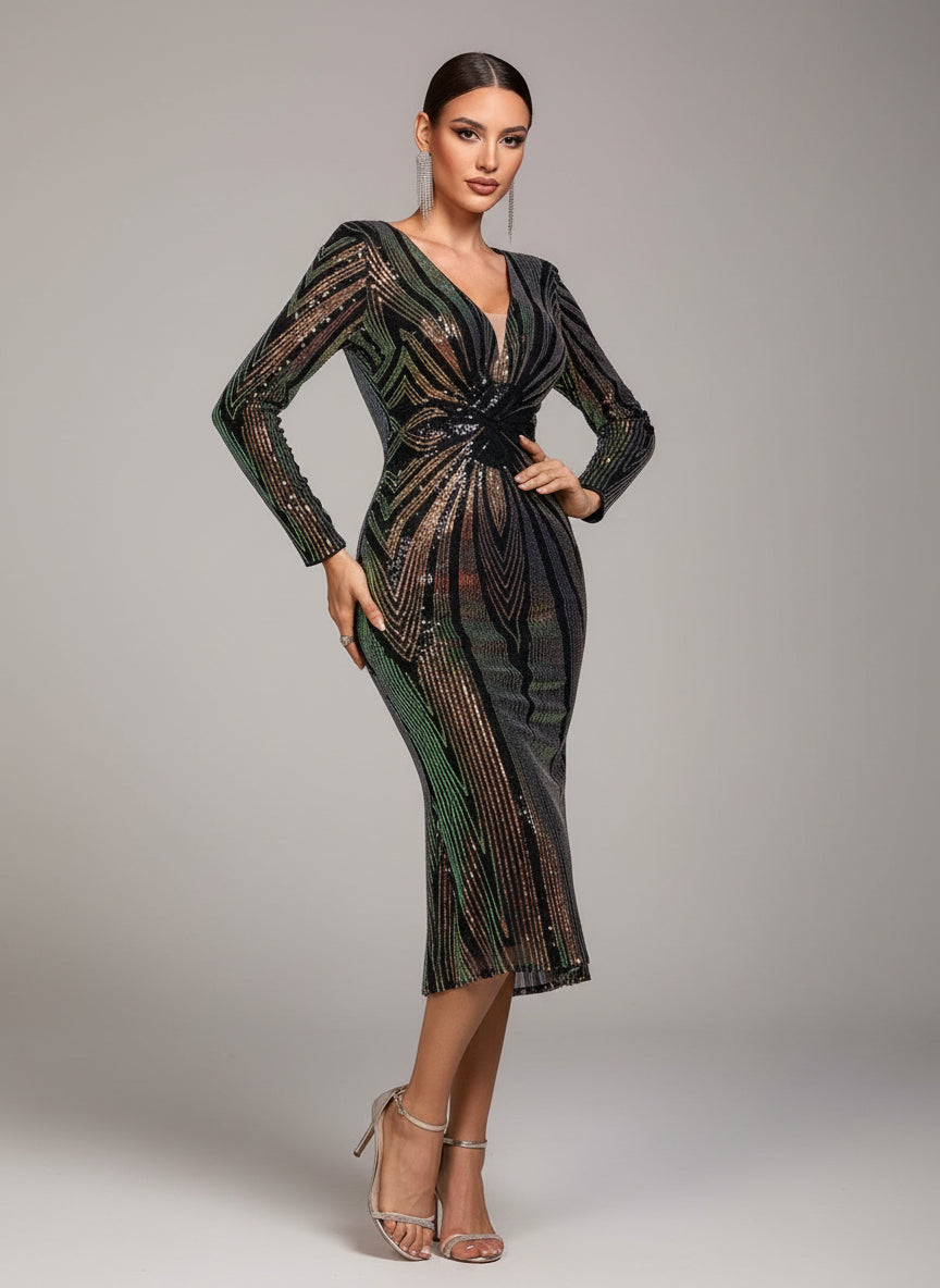 Sienna | Women's Plunging V-Neck Sequin Bodycon Midi Dress