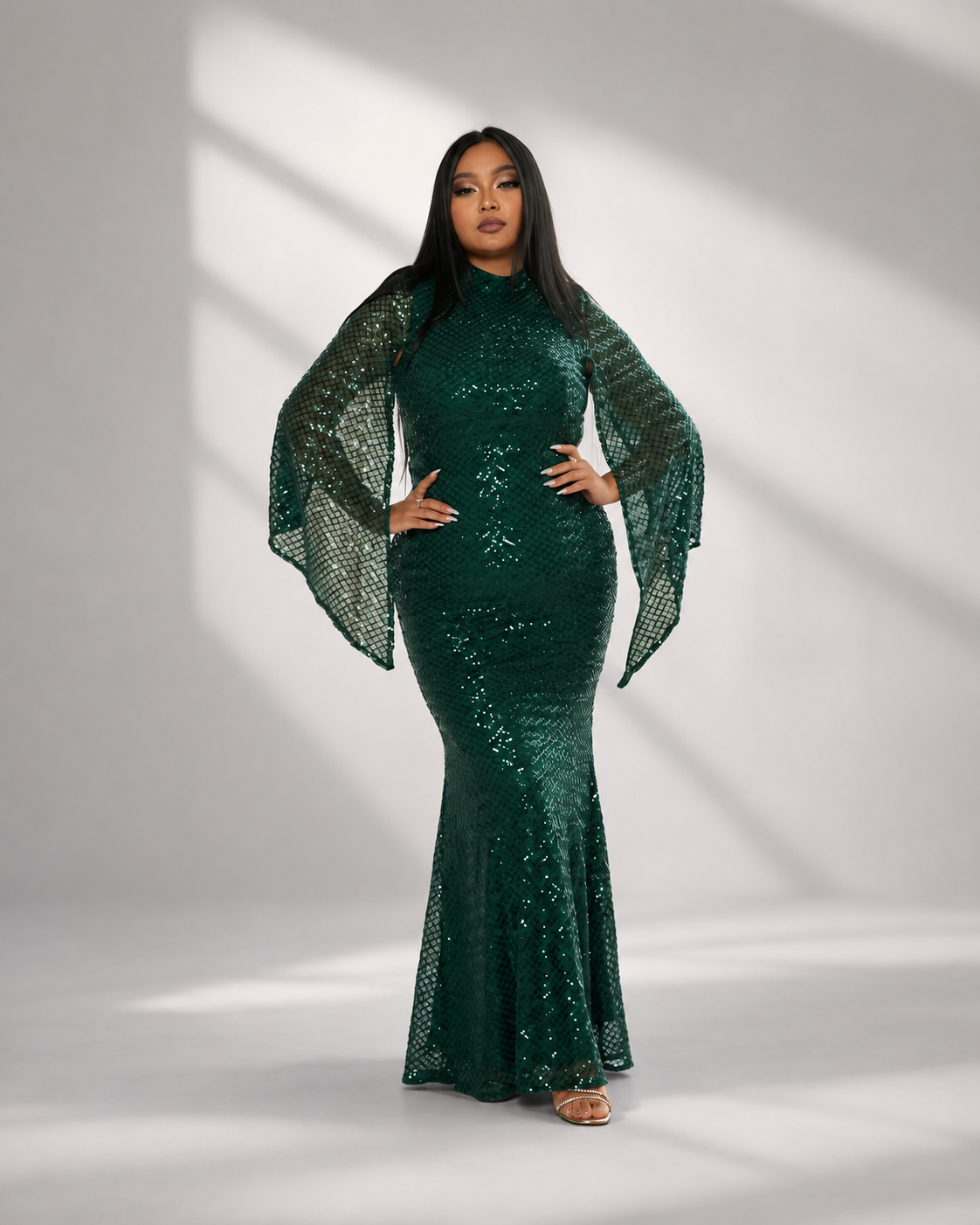 Seraphina | Women's High Neck Sequin Bell Sleeve Mermaid Maxi Dress