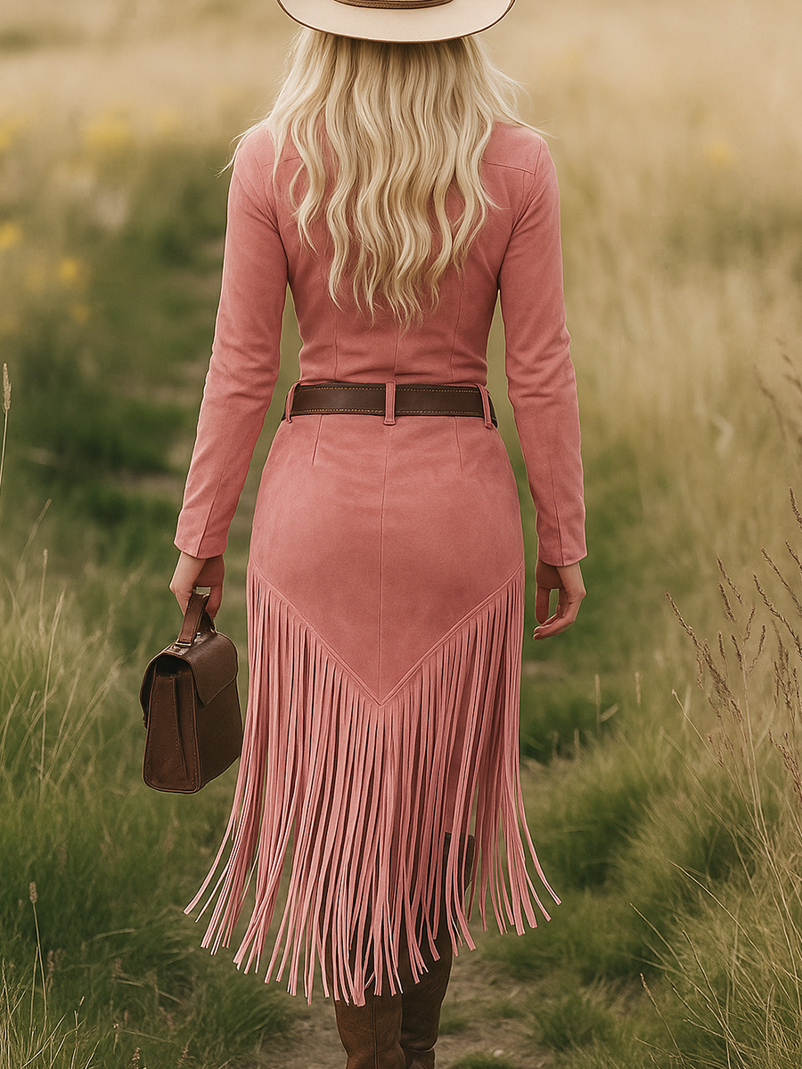 Dakota | Women's Western Lapel Zip-Front Tasseled Midi Dress