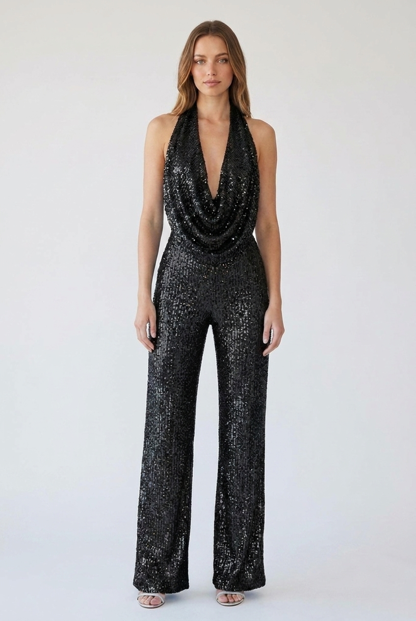 Woman wearing black sequin cowl halter wide-leg jumpsuit, front view