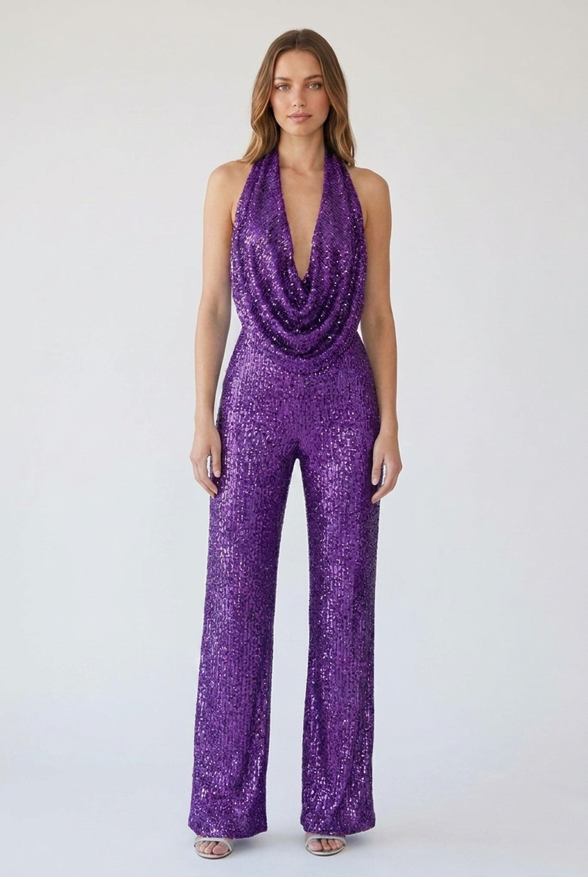 Woman wearing purple sequin cowl halter wide-leg jumpsuit, front view