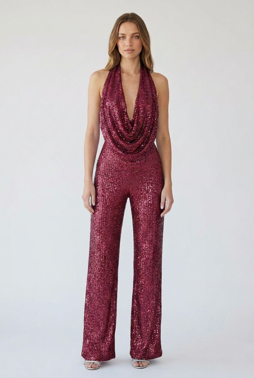 Woman wearing burgundy sequin cowl halter wide-leg jumpsuit, front view