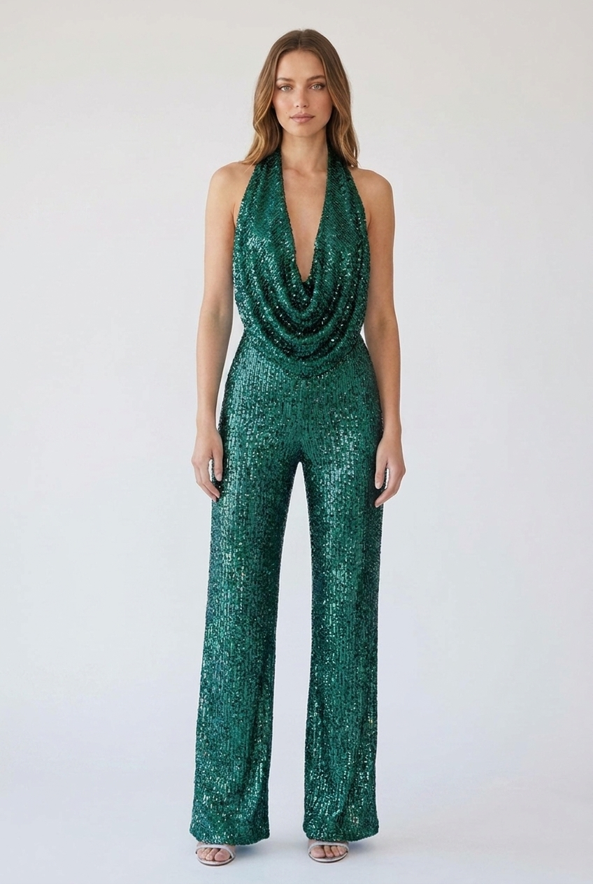 Woman wearing green sequin cowl halter wide-leg jumpsuit, front view
