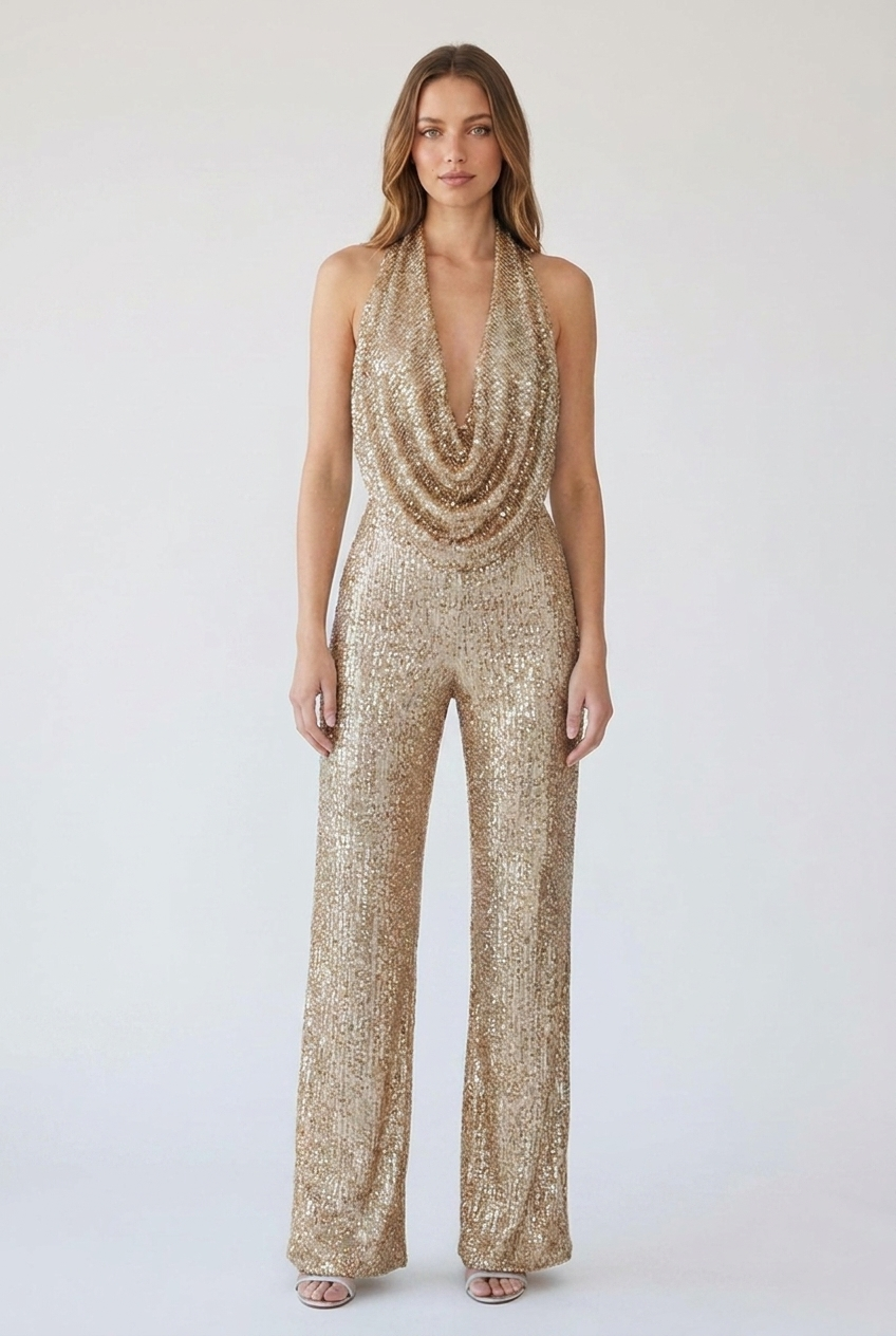 Ottoline | Women's Sequin Halter Cowl-Neck Wide-Leg Jumpsuit