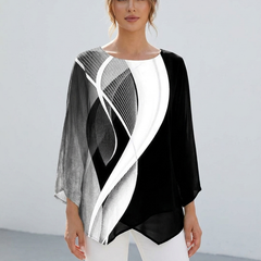 Women's geometric print long-sleeve relaxed tunic top in monochrome black and white, front view