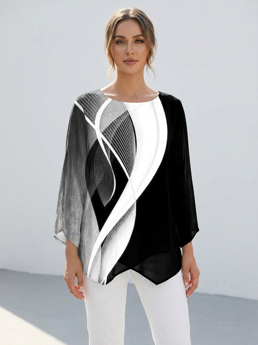 Women's geometric print long-sleeve relaxed tunic top in monochrome black and white, front view