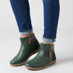 Women's low heel green leather ankle boots with side zip