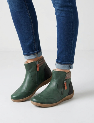 Women's low heel green leather ankle boots with side zip