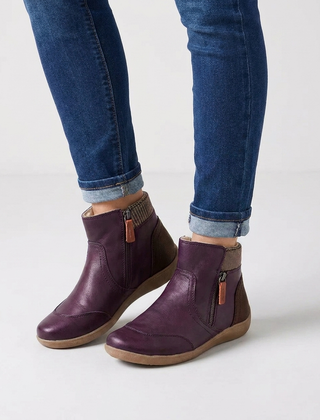 Women's purple leather ankle boots with side zip