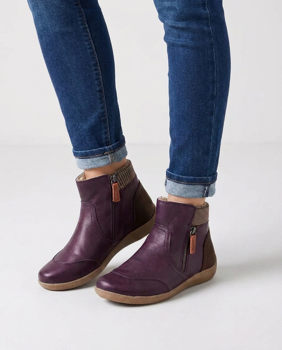 Women's purple leather ankle boots with side zip