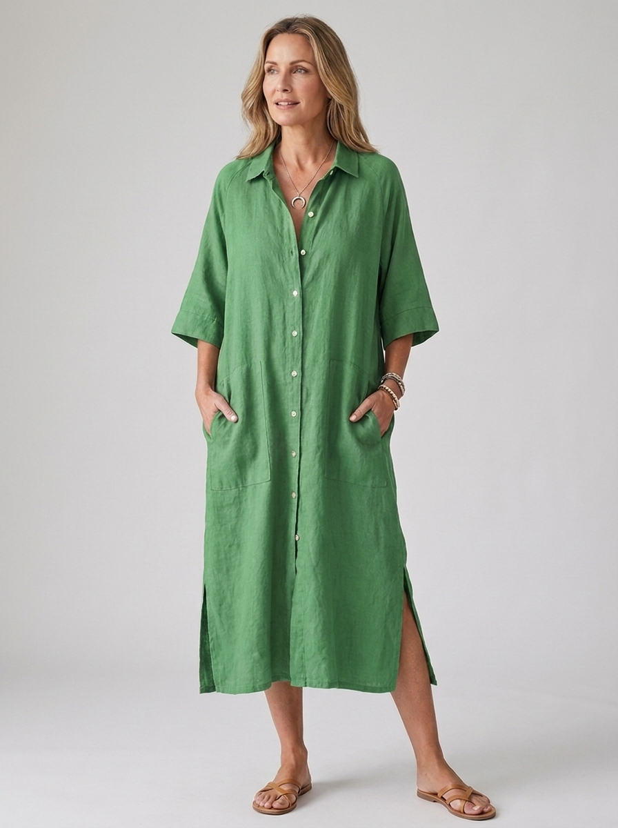 Green boho button-front linen midi shirt dress