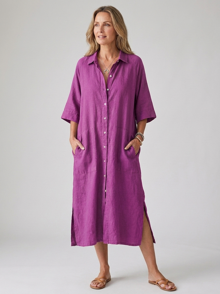 Bathilde | Women's Boho Button-Front Linen Midi Shirt Dress