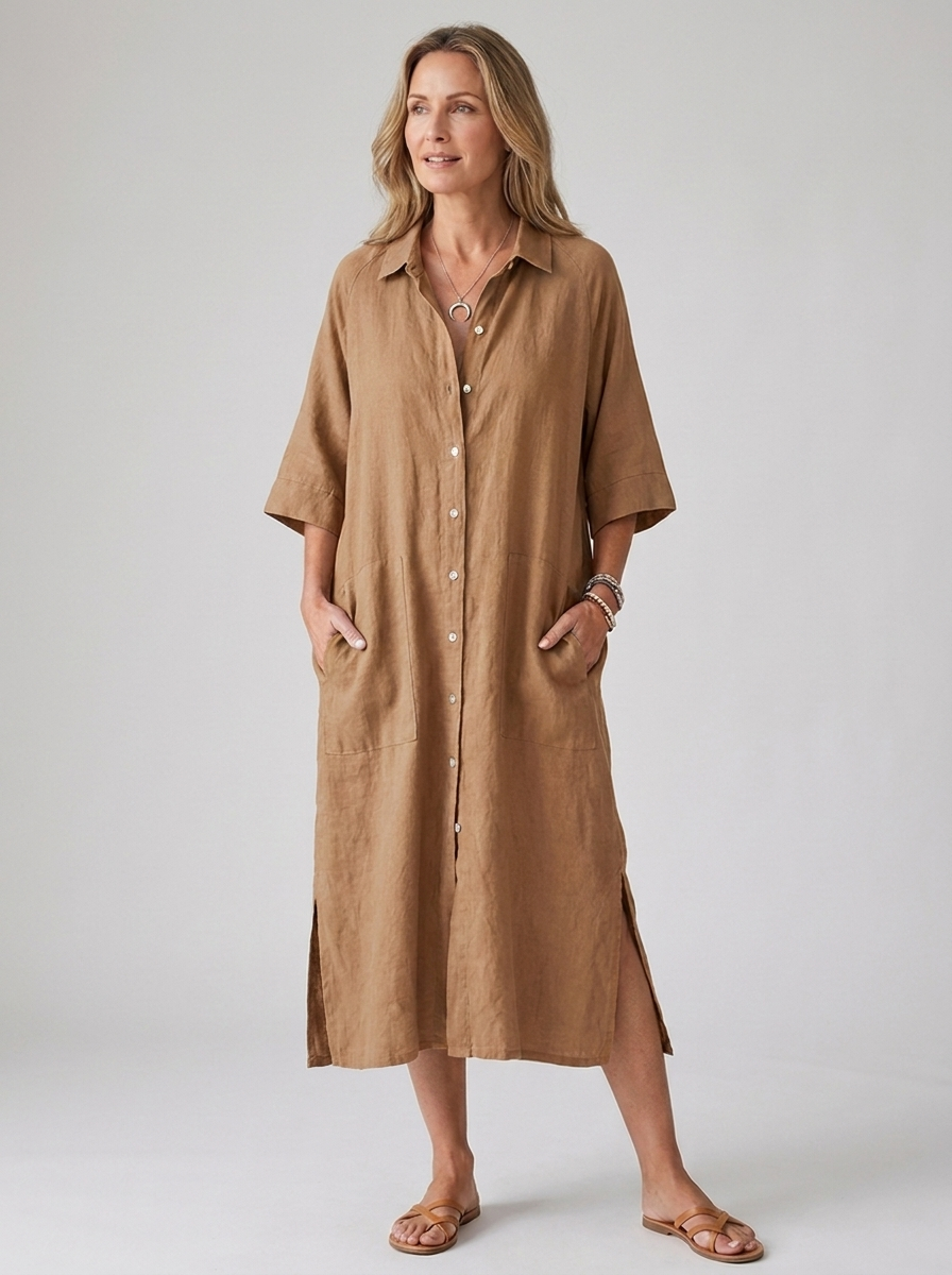 Khaki boho button-front linen midi shirt dress