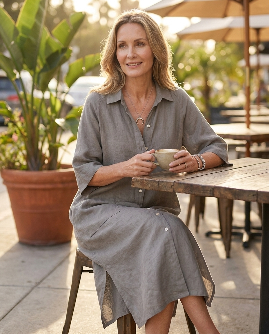 Bathilde | Women's Boho Button-Front Linen Midi Shirt Dress