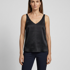 Freya satin V-neck camisole in black on model, front
