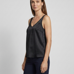 Freya satin V-neck camisole in black on model, three-quarter