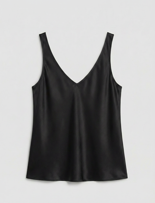 Freya satin V-neck camisole in black, front view