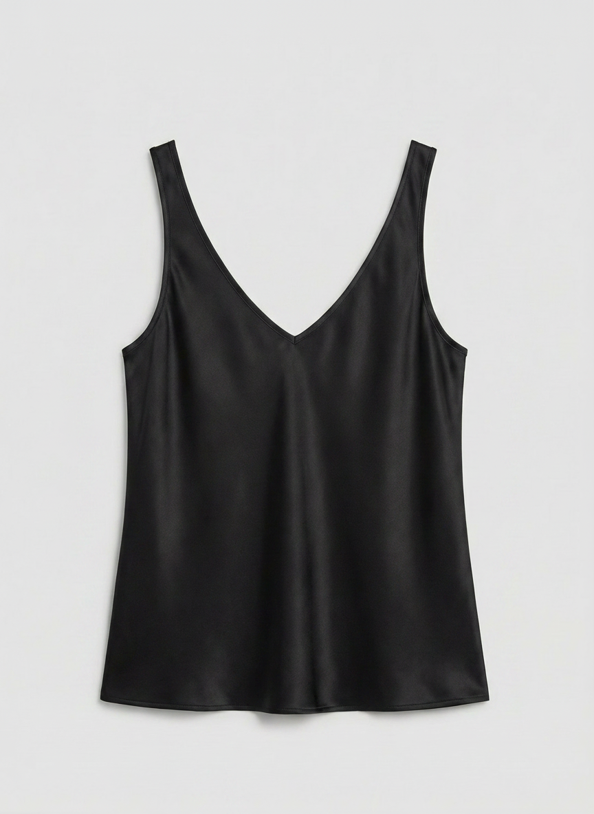 Freya satin V-neck camisole in black, front view